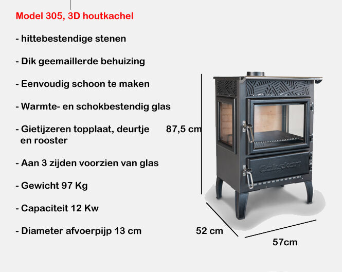 Lekkerstoken.nl. Houtkachel, 305 3D 12kw,geëmailleerde kachel met 3 zijden glas, tekening met details